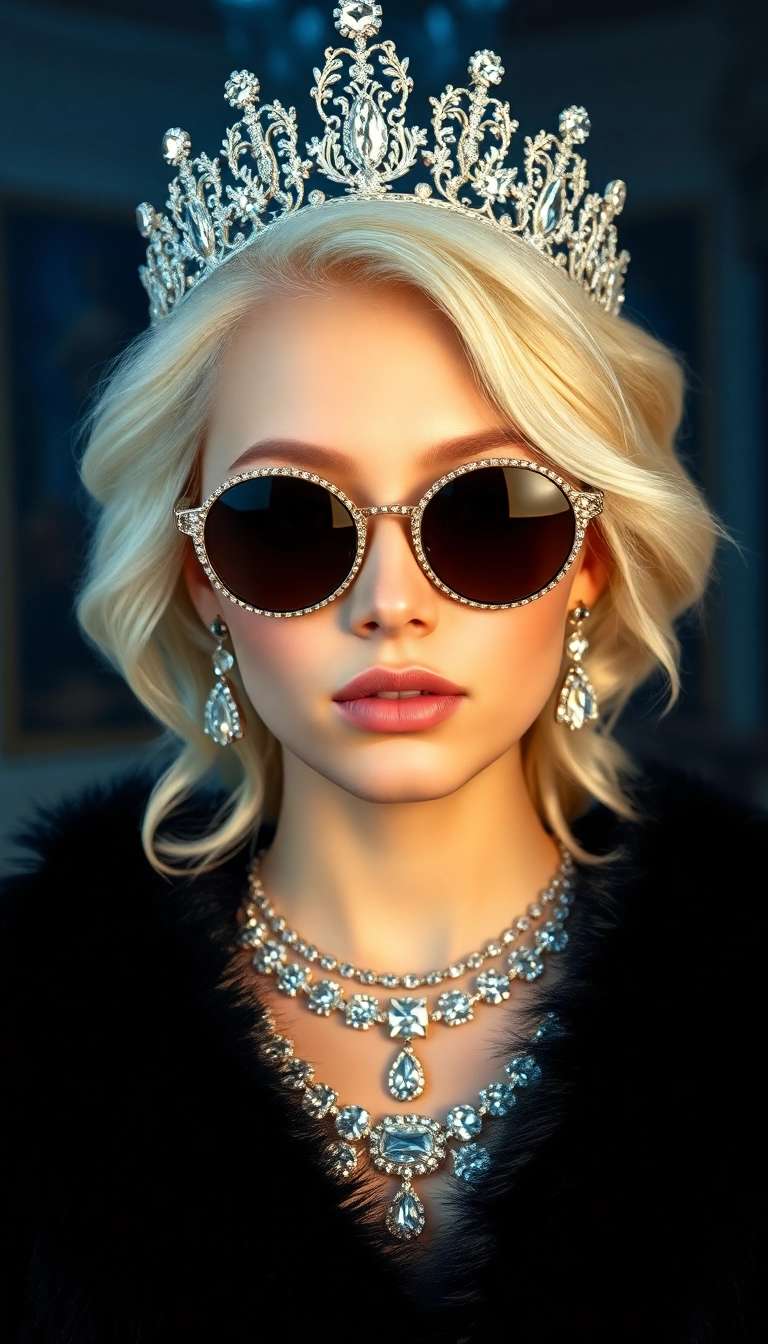 iPhone AI Young Platinum Blonde Queen in Black Fur Professional Background Copyright-Free Photo